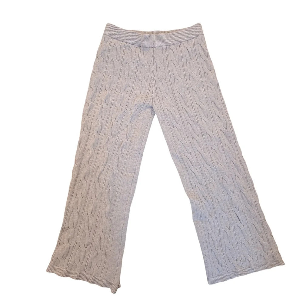 Pink Lily Cream Thick‎ Cable Knit Palazzo Wide Leg Stretch High Rise Pants Sz L